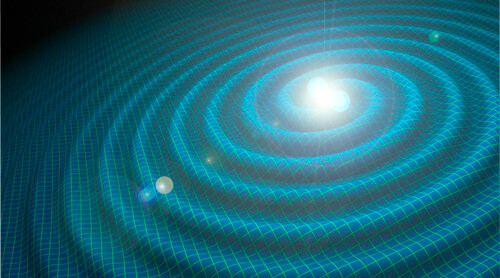 Artist's conception of gravitational wave event showing possible emission of visible light.